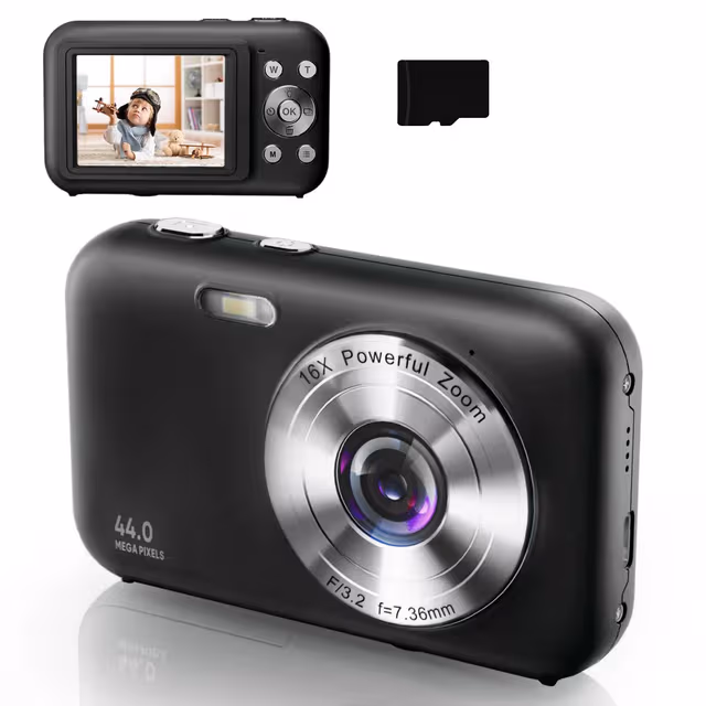 Digitalkamera 1080P 44MP 16x zoom 2,4-tommers skjerm, 32 GB minnekort Sort