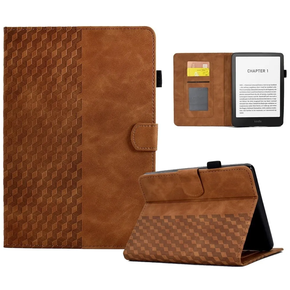 Amazon Kindle Paperwhite (2024) Case Card Slots Leather E-Reader Cover Block Pattern - Brown