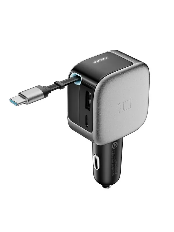 CUKTECH CC903P 100W Car Charger with Display and 70cm Retractable USB-C Cable - Grey