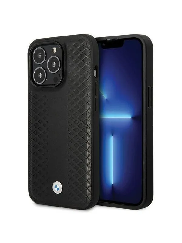 BMW Leather Diamond Pattern Case for iPhone 14 Pro - Black