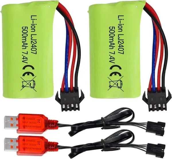 2 stk 7,4V 500mAh Litiumbatterier + USB-lader – Høy hastighet – Passer til EC16, DE85 RC Båt, Bil - Tilbehør til Fjernstyrte Leker Batterier