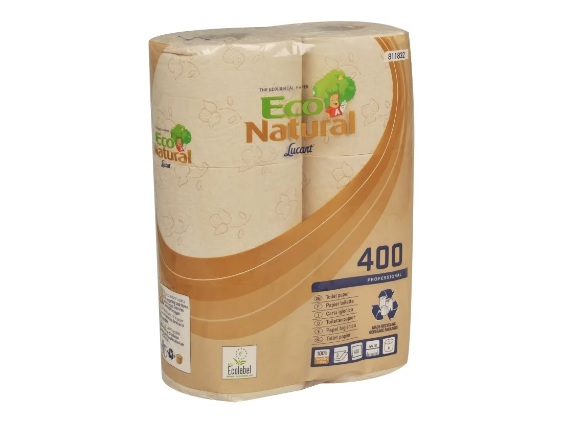 Toiletpapir Lucart EcoNatural 2-lag Ø12cm L44mxB9.6cm Genbrugsfiber Natur,5 pk x 6 rl/krt