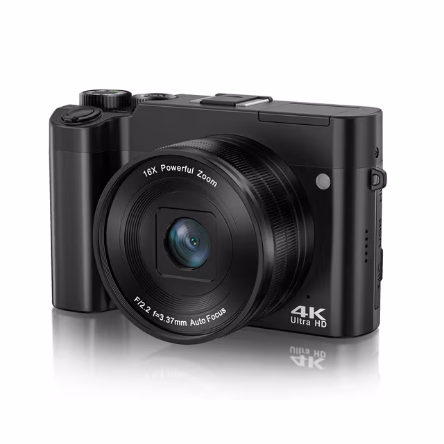 4K Dual Lens-kamera med berøringsskjerm og 32 GB minnekort