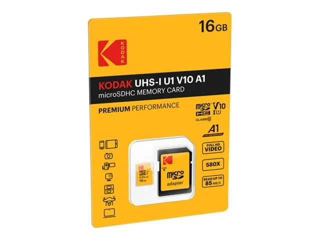 Kodak - Flashminnekort (microSDHC til SD-adapter inkludert) - 16 GB - UHS-I U1 / Class10 - 580x - microSDHC UHS-I