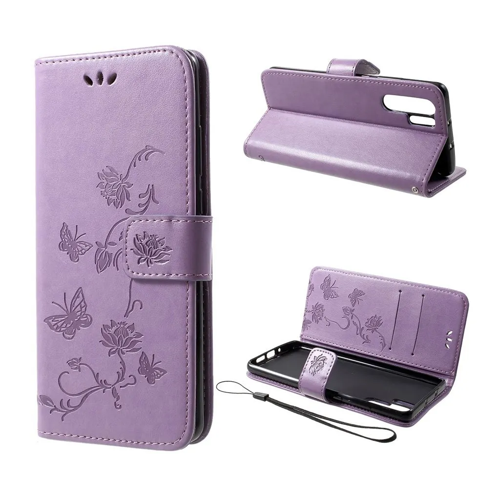 Huawei P30 Pro Sommerfugl Og Blomster Trykk Skinnetui - Lys Lilla