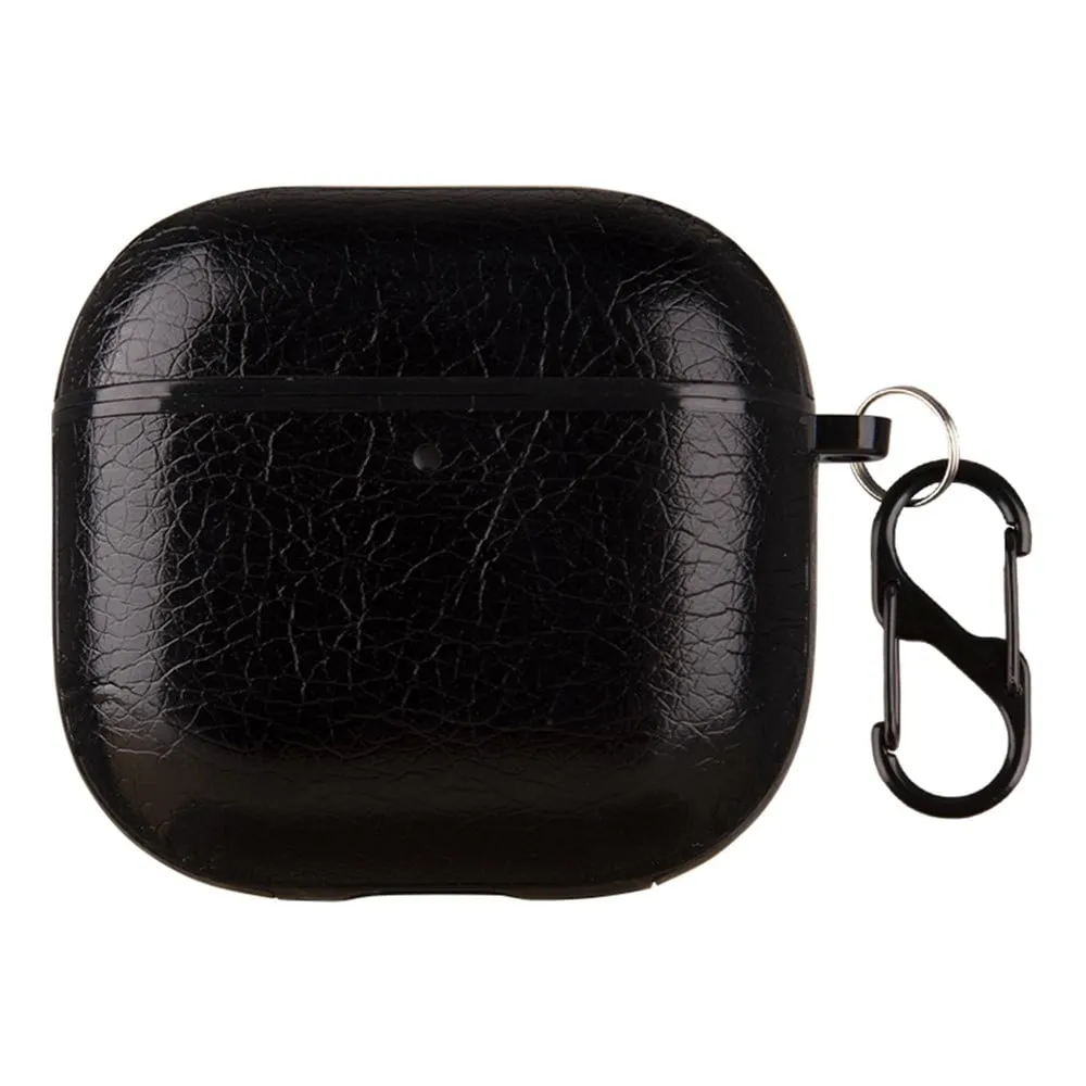 AirPods 4 Earphone Case Bump Resistant and Vegan Leather Protective Cover with Anti-Loss Hook - Black