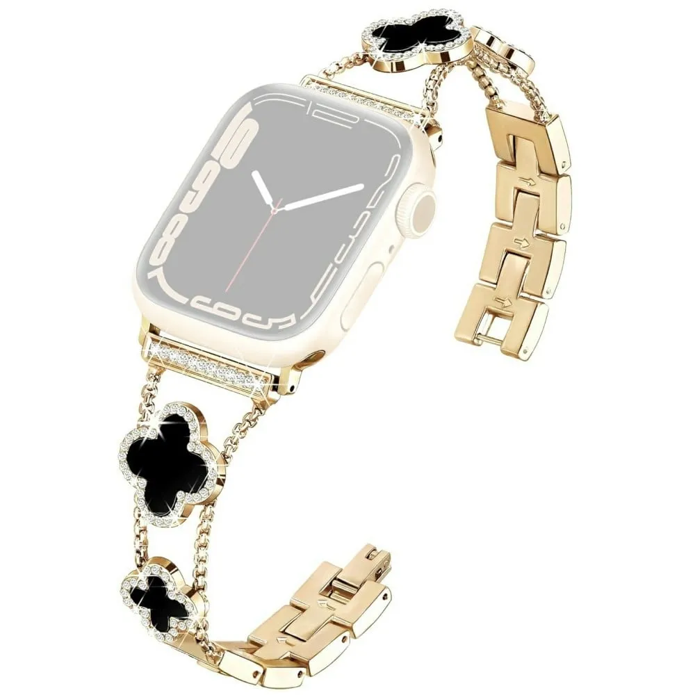 KALEBOL Metallklokkebånd Apple Watch Series 10 42 mm Rhinestone Clover sinklegeringsrem - Gull