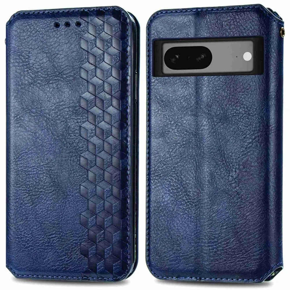 Læretui med A Stilfull Rhombus Imprint til Google Pixel 7 - Blå