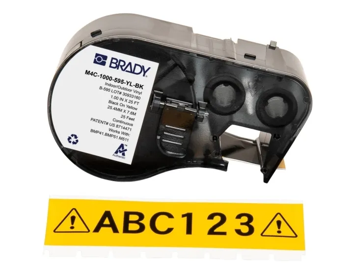 Brady M4C-1000-595-YL-BK, Sort, Gult, Selvklebende skriveretikett, Kontinuerlig etikett, Vinyl, Trermisk overføring, Akryl