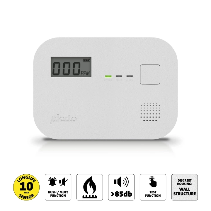 Alecto DETECTEUR CO COA3910, Karbonmonoksid (CO), Elekrokjemisk detektor, Hjem, Trådløs, 85 dB, Hvit