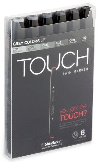 Touch Twin Marker 6stk grå farver, rund + kantet spids - Perfekt til Cozy Coloring