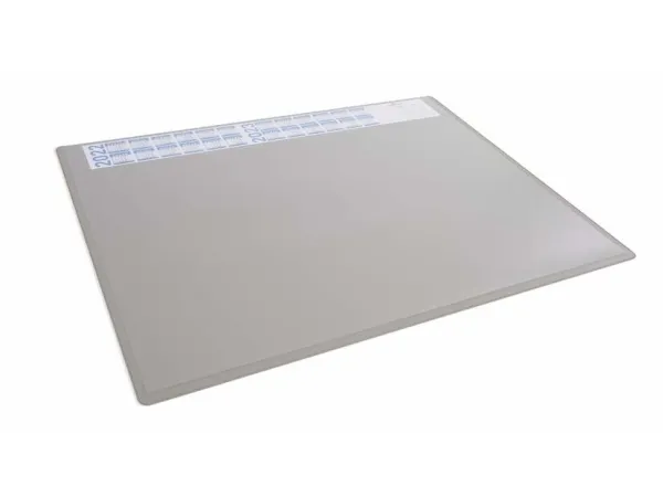 Skriveunderlag 650x500 mm grå med kalender og transparent dækplade PP
