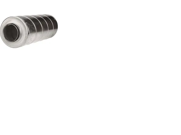 LINDAB Lyddæmper SLU 160 med 50 mm isolering. Længde 375 mm, ydre diameter 260 mm.
