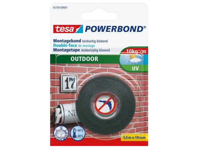 TESA Powerbond OUTDOOR, Monterings tape, Sort, 1,5 m, Utendørs, Murstein, Metall, Plast, Stein, 0,1 kg/cm