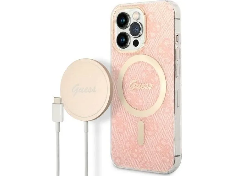 Guess-sett GUBPP13LH4EACSP deksel + lader til iPhone 13 Pro rosa hardt MagSafe 4G print