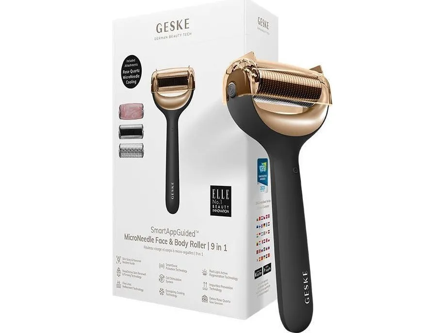 GESKE SmartAppGuided MicroNeedle Face & Body Roller 9 in 1 with Rose Quartz & Cooling Attachment Electric Derma Roller Microneedling Device Needle Roller Beauty Roller for Face and Body Gray