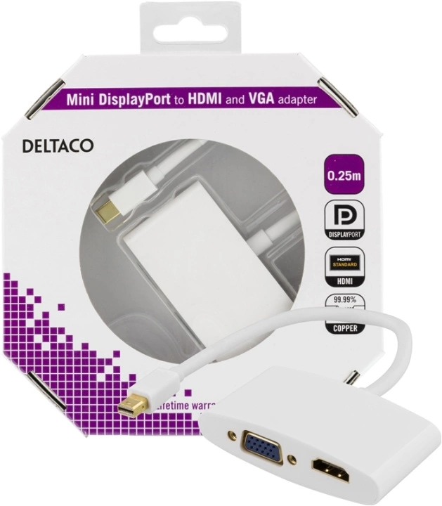 DELTACO - Video adapter - Mini DisplayPort hann til HD-15 (VGA), HDMI hunn - hvit
