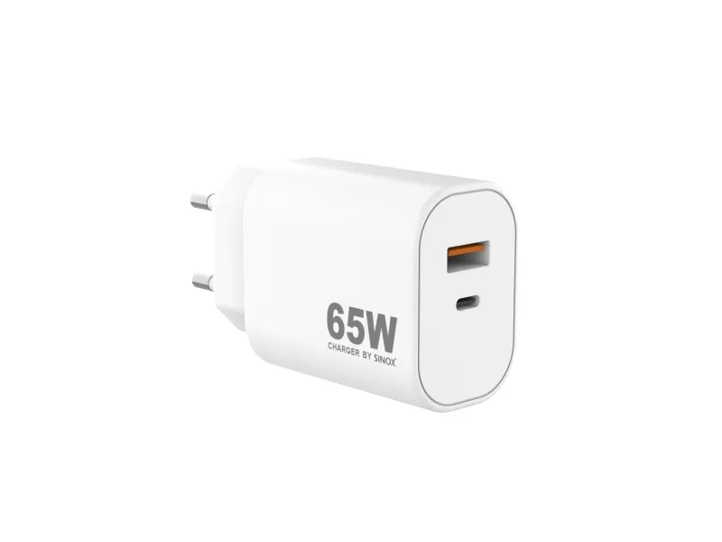 Sinox PRO 230V USB-A+USB-C PD oplader 65W. Hvid