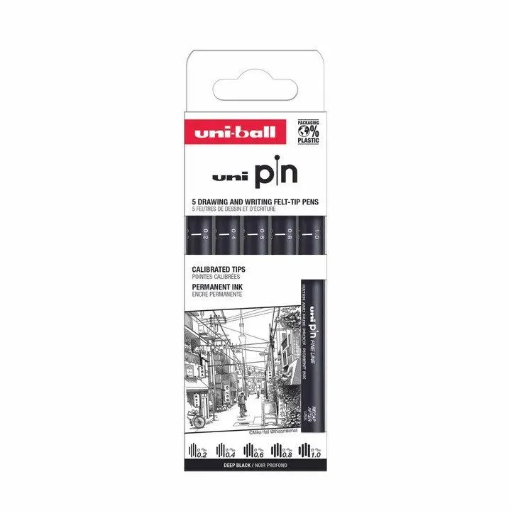 Uni Pin set classic 5 stk (0,2/0,4/0,6/0,8/1,0) Black pigmented ink