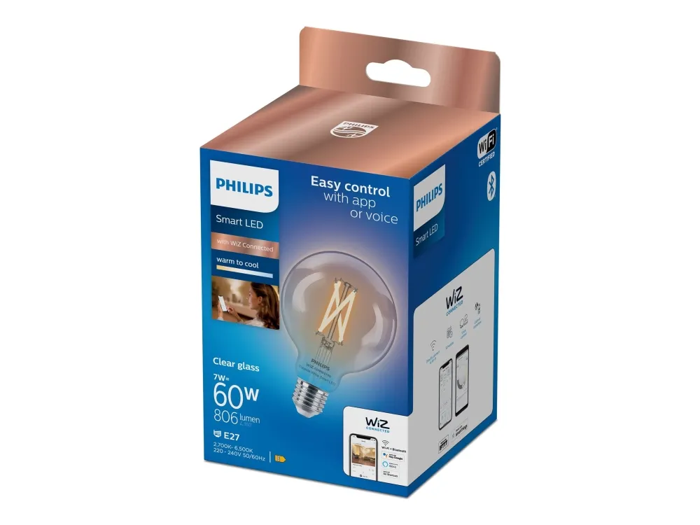 Philips Smart - LED-filamentlyspære - form: G95 - klar finish - E27 - 7 W (ekvivalent 60 W) - klasse E - varm til kjølig hvitt lys - 2700-6500 K