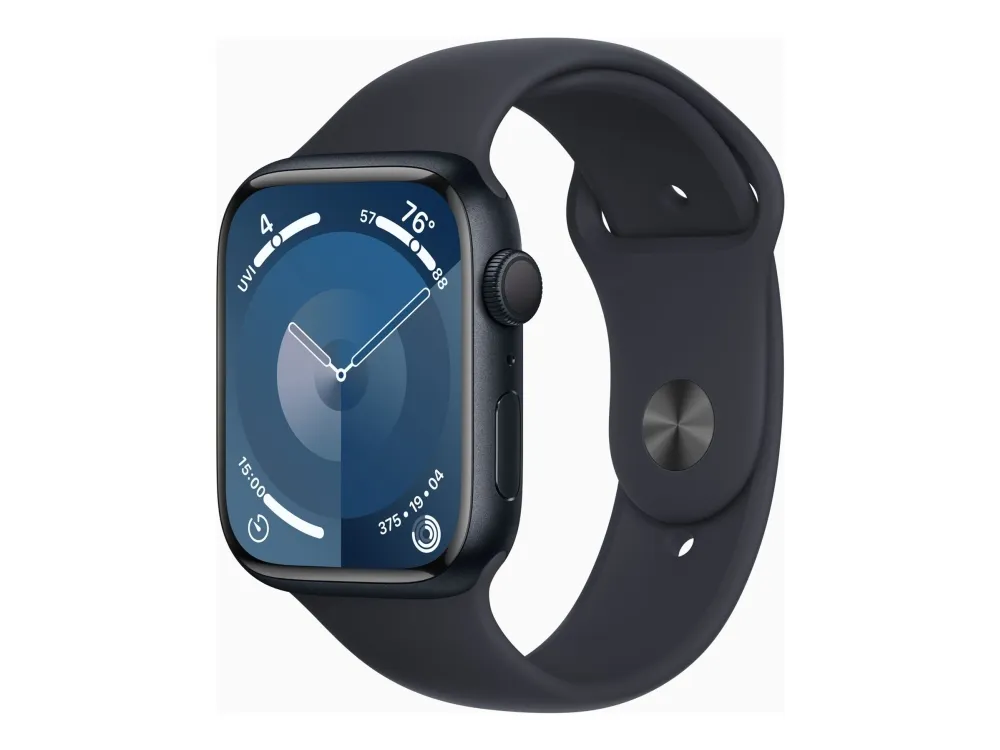 Apple Watch Series 9 (GPS) - 45 mm - midnattsaluminium - smartklokke med sportsbånd - fluorelastomer - midnatt - båndbredde: S/M - 64 GB - Wi-Fi, Bluetooth, UWB - 38.7 g
