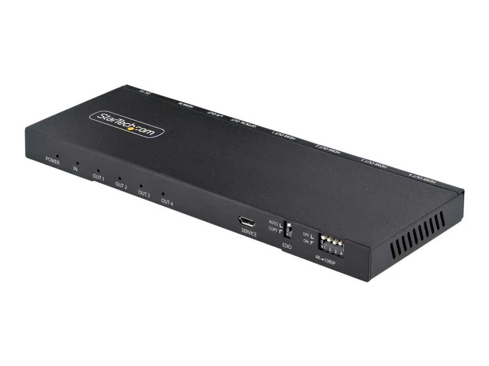 Startech 4-Port HDMI Splitter, 4K 60Hz HDMI 2.0 Video, 1 In 4 Out HDMI Splitter, 4K HDMI Splitter w/Built-in Scaler, 3.5mm/Optical Audio Port, Durable Metal Housing, HDR/HDCP - 1x4 HDMI Display/Output Splitter (HDMI-SPLITTER-44K60S) - Video/lyd-splitter - 4 x HDMI - stasjonær
