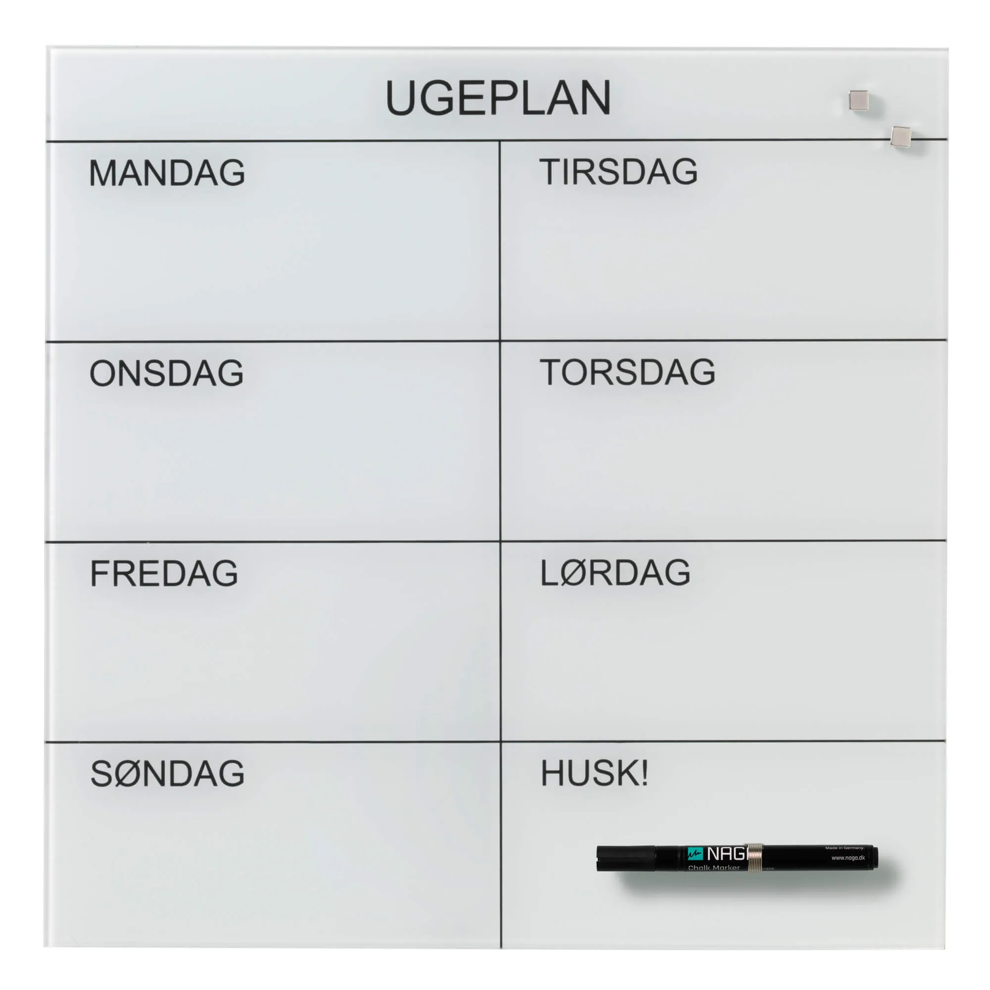 Magnetisk NAGA ugetavle i glas 45x45 cm hvid - dansk tekst