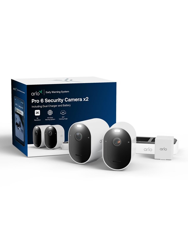 Arlo Pro 6 2K+ overvåkningskamera, 2-pakning + Dobbel batterilader + ekstra batteri