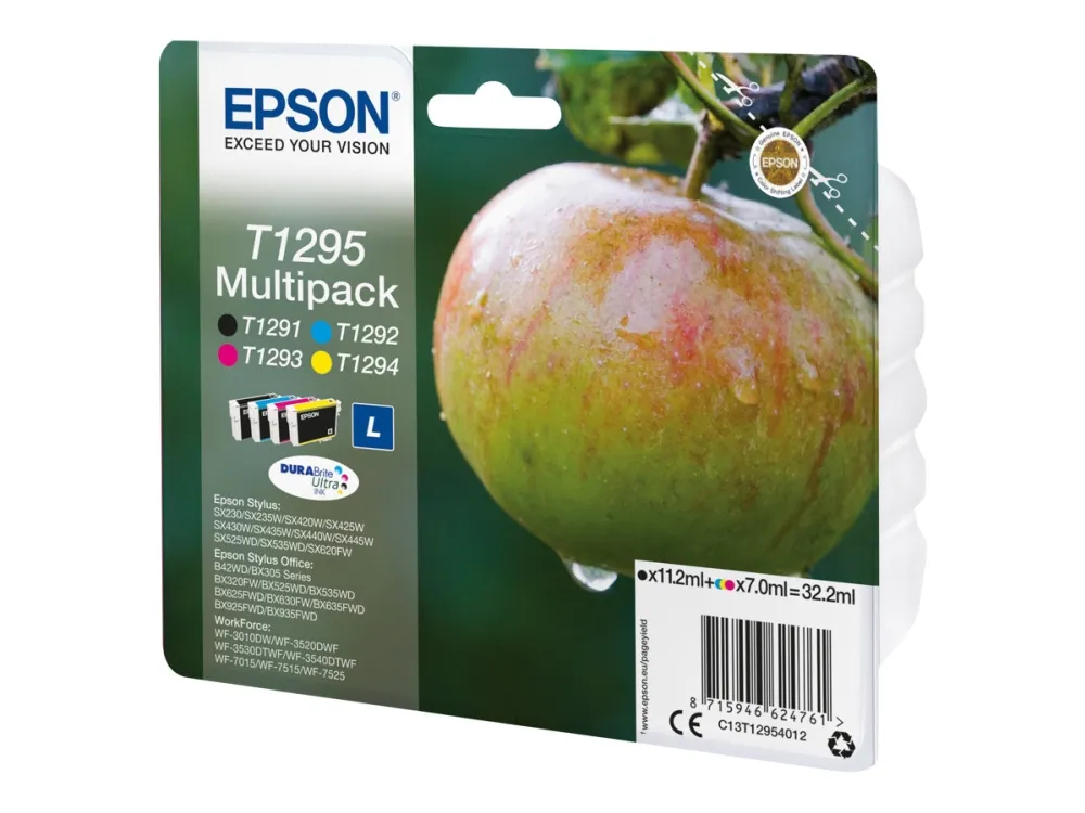 Epson T1295 Multipack - 4-pack - 32.2 ml - svart, gul, cyan, magenta - original - blære med RF/lyd-alarm - blekkpatron - for Stylus SX230, SX235, SX430, SX438  WorkForce WF-3010, 3520, 3530, 3540, 7015, 7515, 7525
