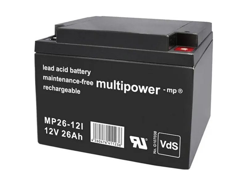 multipower MP26-12I blybatteri 12 V 26 Ah blyfleece 166×125×175 mm kontaktpol vedlikeholdsfritt lav selvutladning VDS