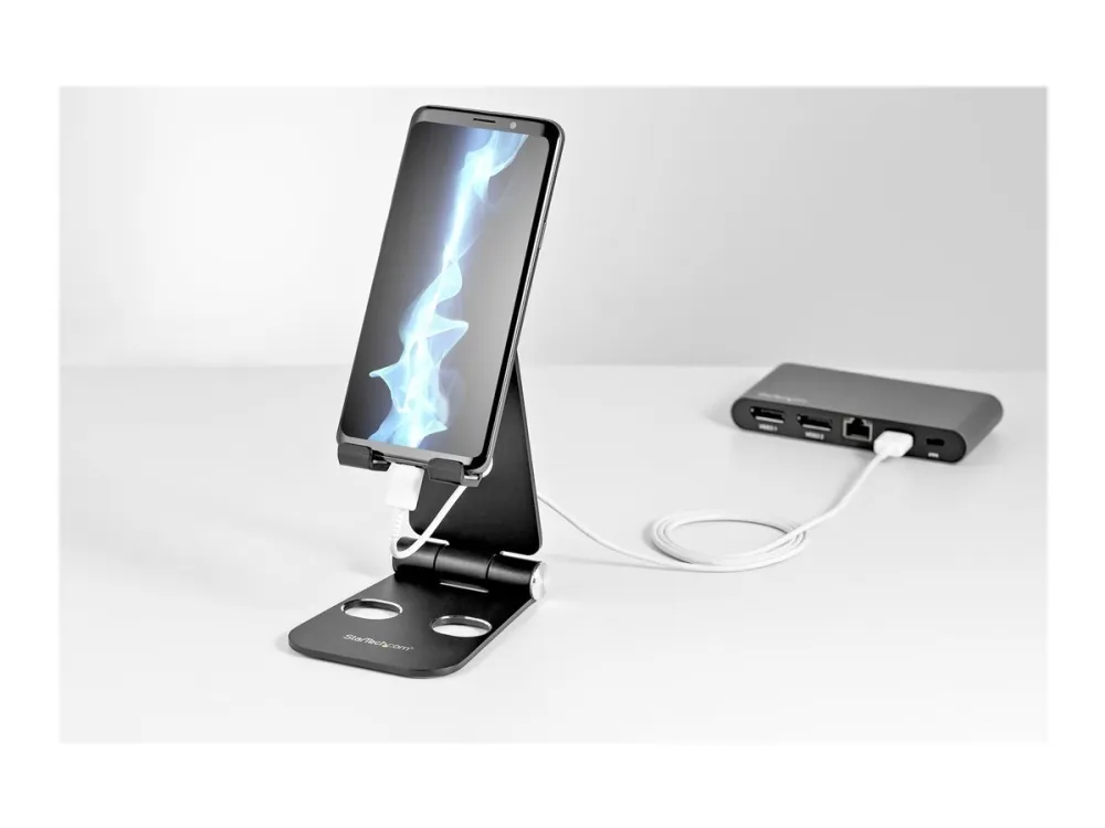 Startech Phone and Tablet Stand, Foldable Universal Mobile Device Holder for Smartphones & Tablets, Adjustable Multi-Angle Viewing Ergonomic Cell Phone Stand for Desk, Portable, Black - Foldable Phone Holder (USPTLSTNDB) - Skrivebordsstativ for mobiltelefon, nettbrett - inntil 13 - svart - for P/N: DK30CHPH
