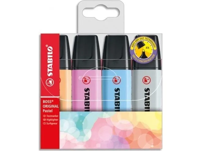 STABILO Boss Original Pastel, 4 stykker, Flerfarget, Meisel tupp, Flerfarget, Plast, Rektangel