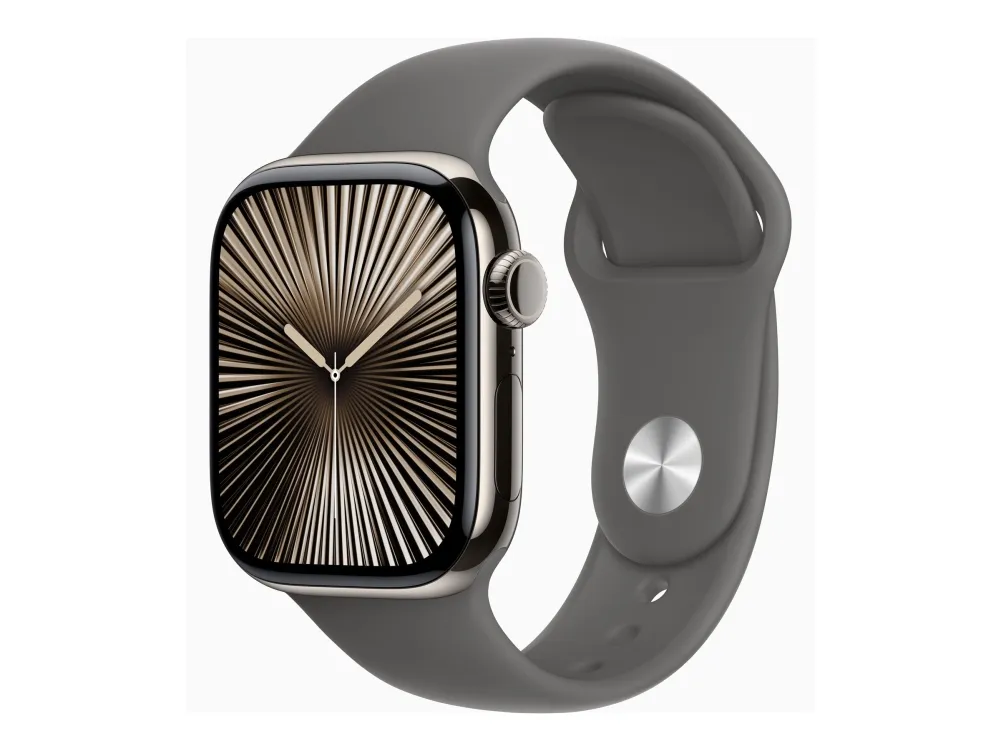 Apple Watch Series 10 (GPS + Cellular) - 42 mm - naturlig titan - smartklokke med sportsbånd - fluorelastomer - steingrå - båndbredde: S/M - 64 GB - LTE, Wi-Fi 4, UWB, Bluetooth - 4G - 34.4 g