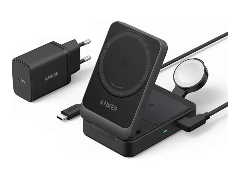 Anker MagGo - Trådløst ladestativ - 3-i-1, sammenleggbar - 15 watt (USB-C) - svart