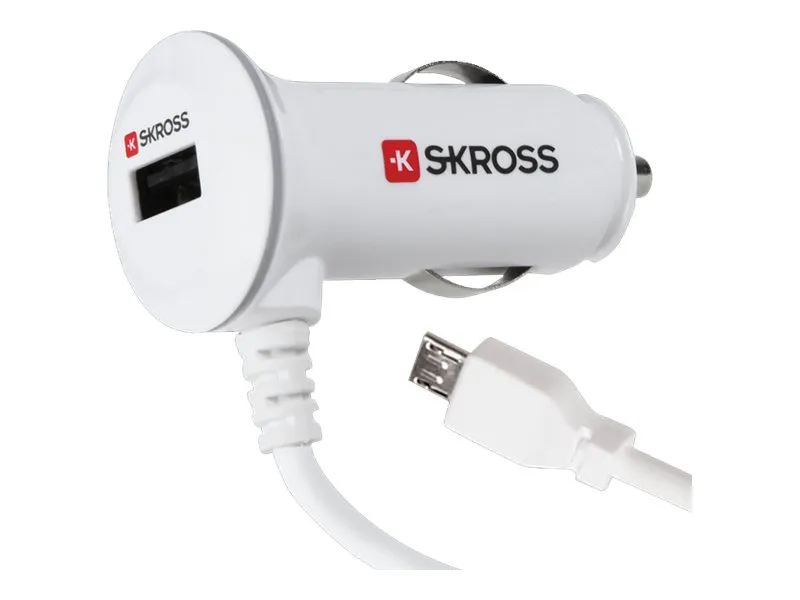 SKROSS Midget USB Car Charger PLUS - Bilstrømadapter - 2.1 A - 2 utgangskontakter (USB, Micro-USB type B) - på kabel: Micro-USB - hvit