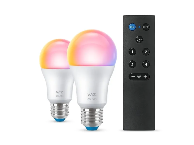 WiZ lyspære 2-pack + fjernkontroll - Smart LED-belysning - farget og hvitt lys - E27 - 60W - matt - Wi-Fi