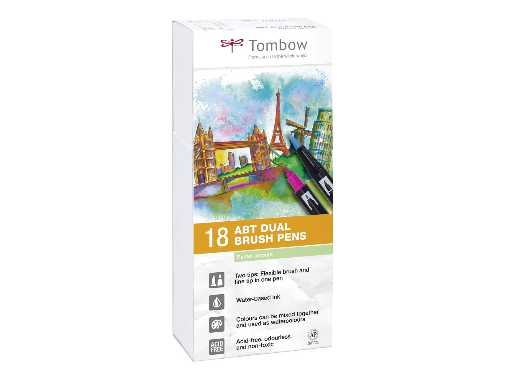 Tombow ABT-18P-5, Fint, 18 farger, Kulespiss og penselpenn, Flerfarget, Rund, Vann-basert blekk