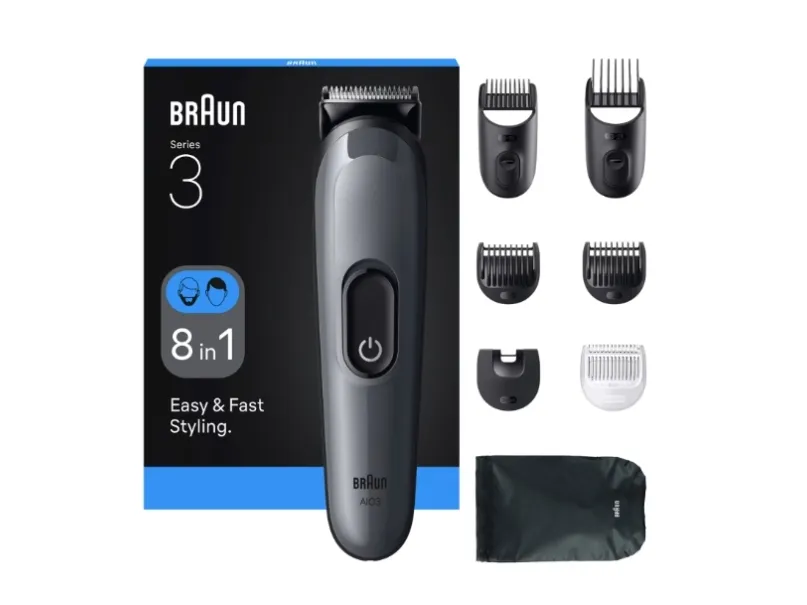 Braun AIO3540, Svart, Grå, 0,5 mm, 2,1 cm, Skjegg, Øre, Øyenbryn, Ansikt, Bart, Nese, Batteri, 50 min