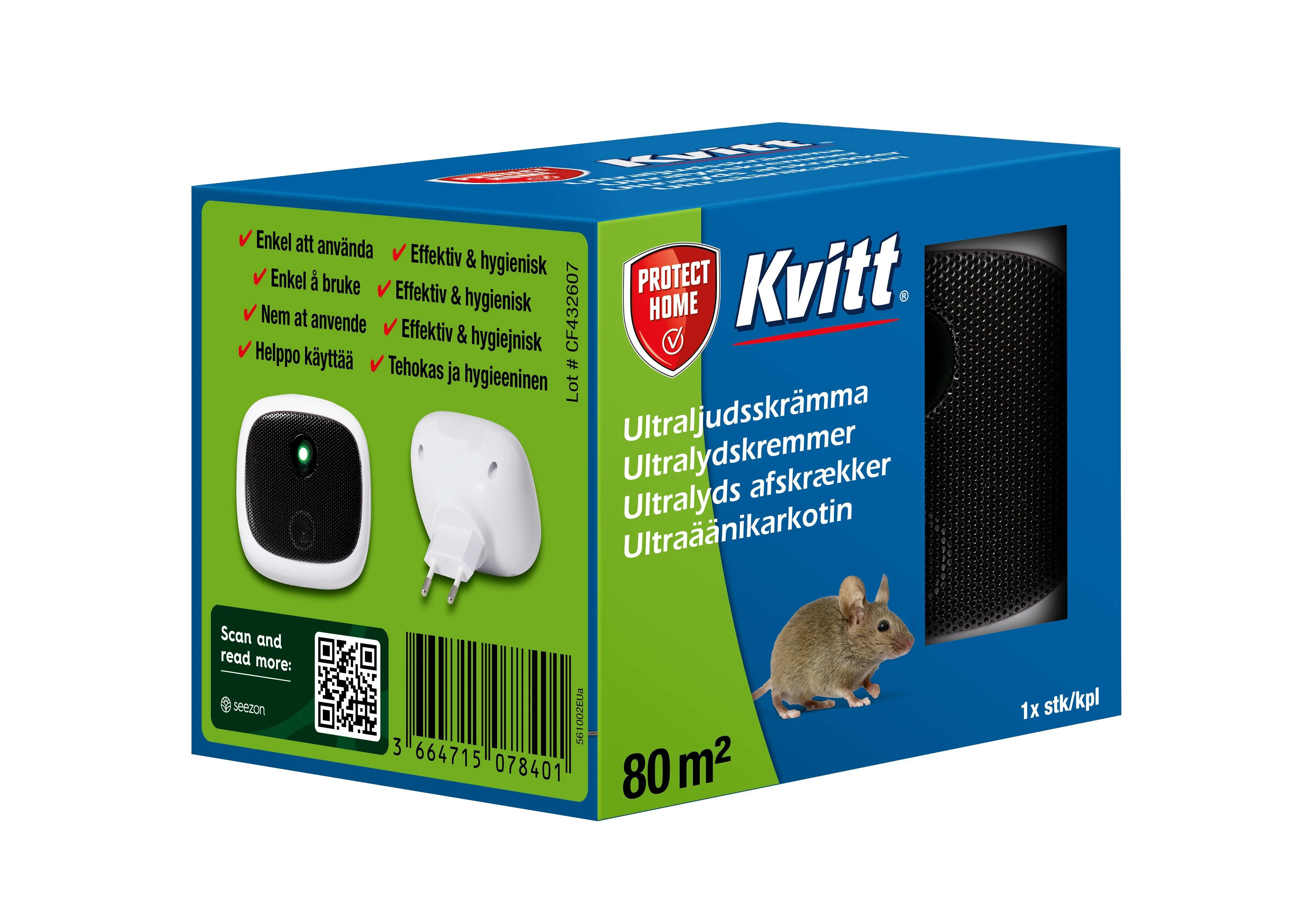 Kvitt® Ultralyds afskrækker til mus & rotter 80 m2