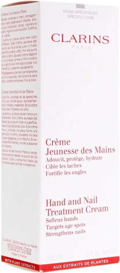 Clarins Hand & Nail Treatment Cream, Kremhvit, Unisex, Alle hudtyper, Fuktighetsgivende, Regenererende, Mykgjører, Forsterke, 100 ml, Rør