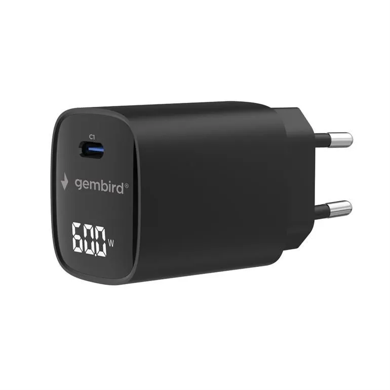 Gembird - Strømadapter - with LCD - 60 watt - 3 A - PD 3.2, QC 3.0 (USB-C) - svart