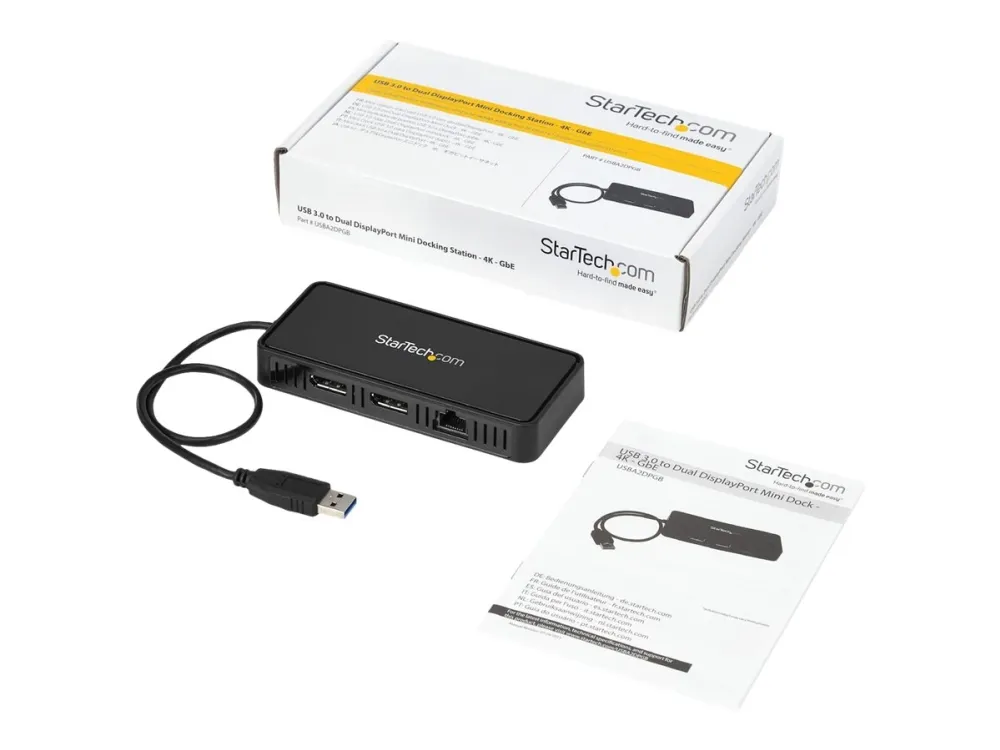 Startech USB 3.0 Mini Dock, Dual Monitor USB-A Docking Station w/ DisplayPort 4K 60Hz Video & Gigabit Ethernet, 1ft (30cm) Cable, Portable USB 3.1 Gen 1 Type-A Laptop Adapter, 4K Dock - DisplayLink Mini Dock (USBA2DPGB) - Dokkingstasjon - USB - 2 x DP - 1GbE