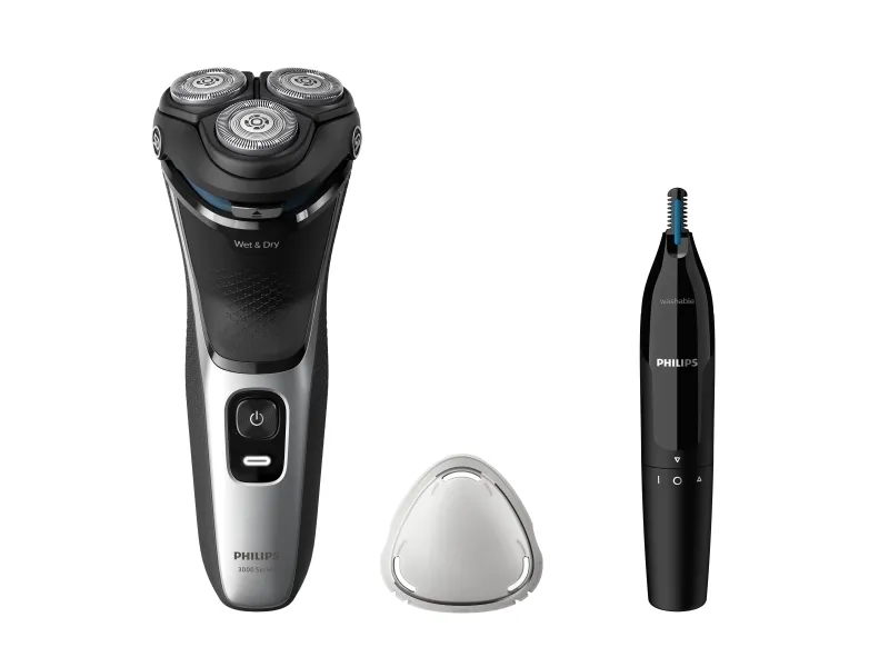 Philips Shaver 3000 Series S3143/02 Våt og tørr elektrisk barbermaskin, Roterende hode, Svart, Sølv, PowerCut blade system, Replace every 2 yrs with SH30, 2 år, Batteri