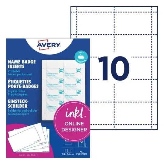 Avery navneskiltinnsatser, 54x90 mm, hvite, utskrivbare, mikroperforerte, for blekkskriver, fargelaser, svart-hvitt-laser, kopimaskin, 190 g/m² papp - (20 ark x 10 stk.)