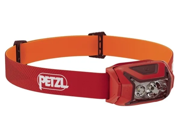 Petzl Actik, Hodebåndslommelykt, Rød, Knapper, Batterinivå, IPX4, LED