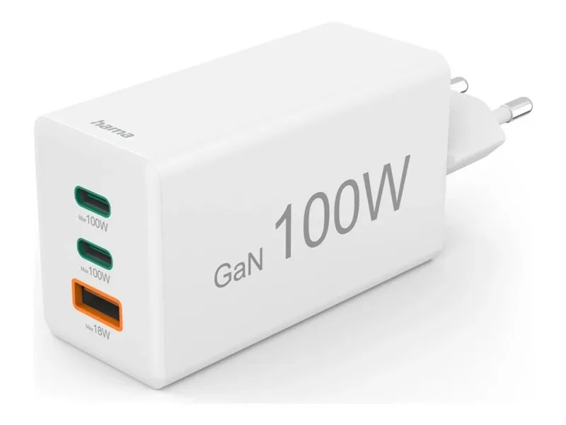 Hama - Strømadapter - GaN, 2 USB-C, USB-A, PD - AC 100-240 V - 100 watt - utgangskontakter: 3 - hvit
