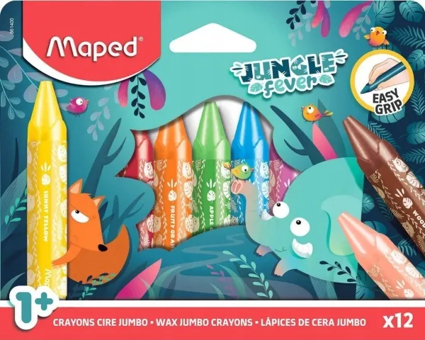 Maped voksfargestifter Jungle Fever Jumbo 12 stk kartongeske trekantet med dyremotiver fra 1 år