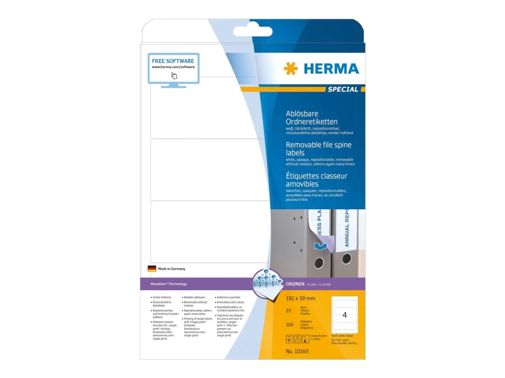 HERMA Special - Papir - matt - fjernbart selv-adhesiv - hvit - 192 x 59 mm 100 etikett(er) (25 ark x 4) opake arkivmappeetiketter