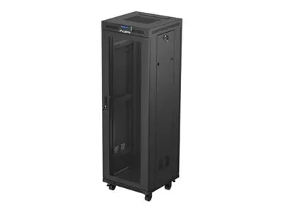 Lanberg FF01 series - Rack skap - 600 x 600, flat pack, with mesh door, LCD - med LCD-skjerm, termostat, 2 kjølevifter - fritt stående, står på gulv - svart, RAL 9004 - 37U - 19