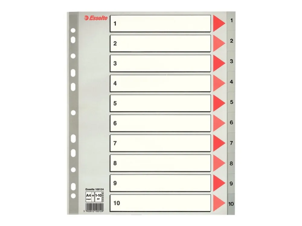 Plastregister Esselte A4 PP 1-10 Maxi grå m/kartonforblad - (10 sæt)